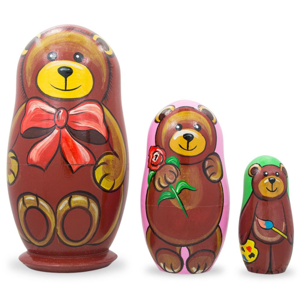 Set Of 3 Bears With Rose And Bow Wooden Nesting Dolls 4.25 Inches