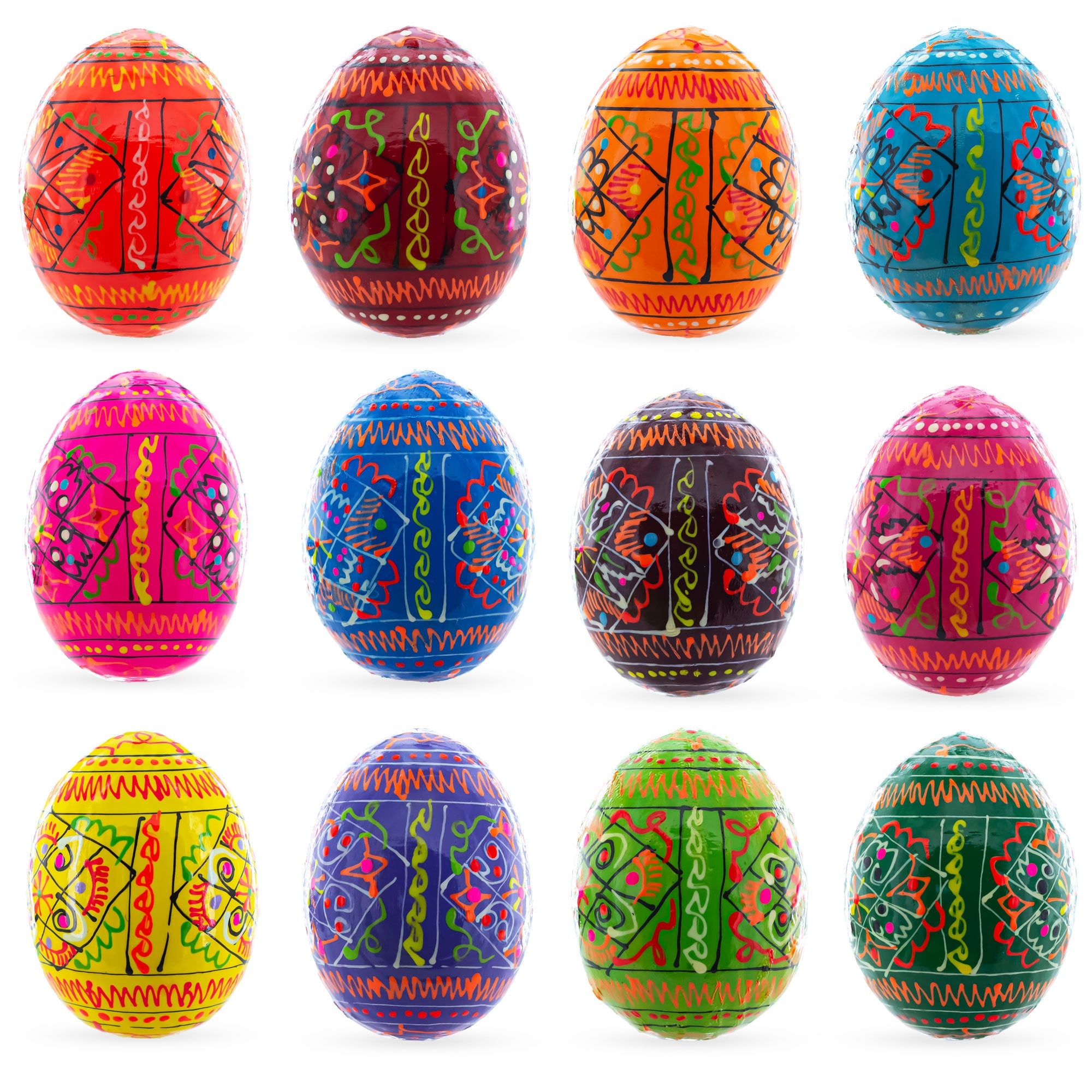 Set Of 12 Hand Painted Wooden Pysanky Ukrainian Easter Eggs 2.5 Inches