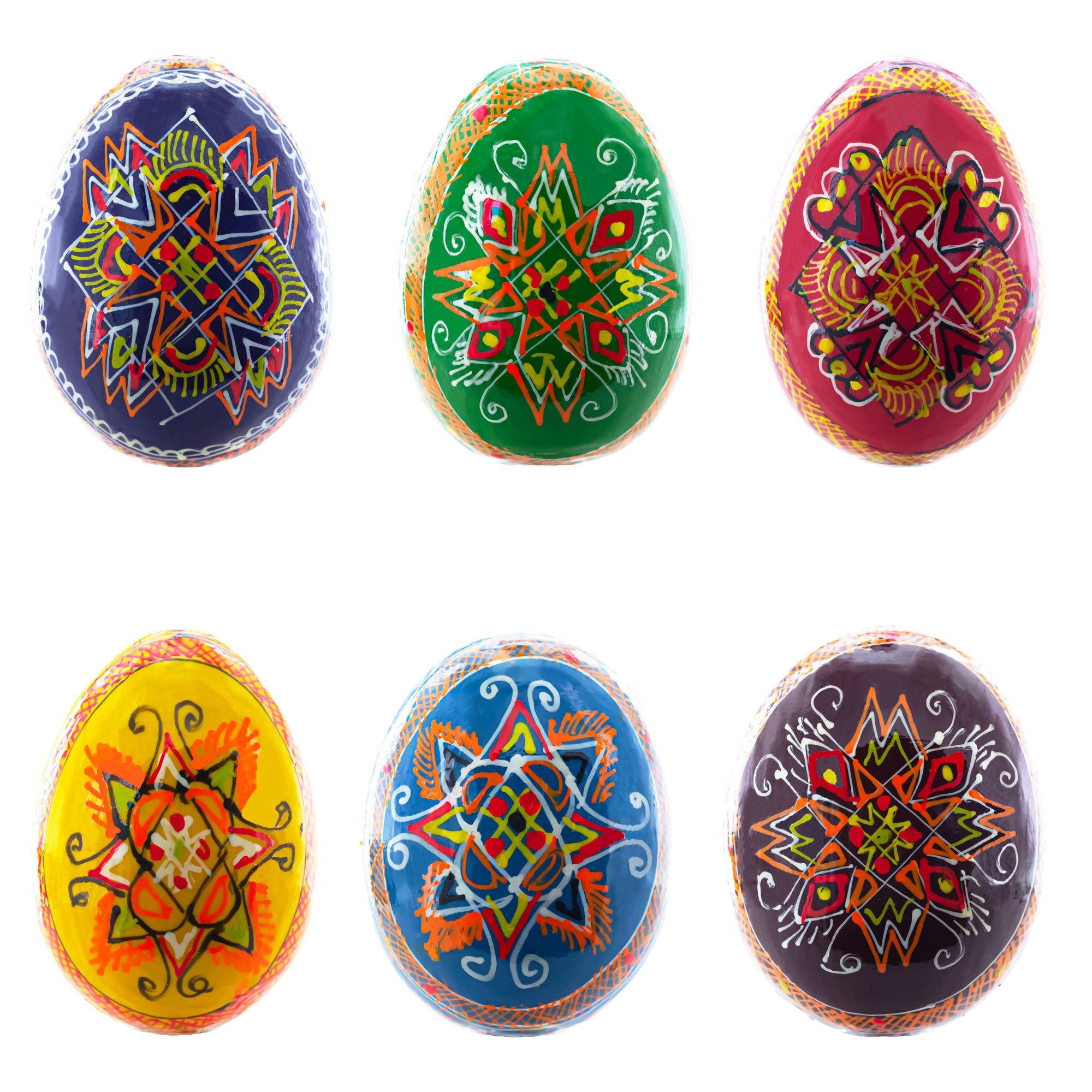 Set Of 6 Multicolor Ukrainian Pysanky Wooden Easter Eggs 2.25 Inches