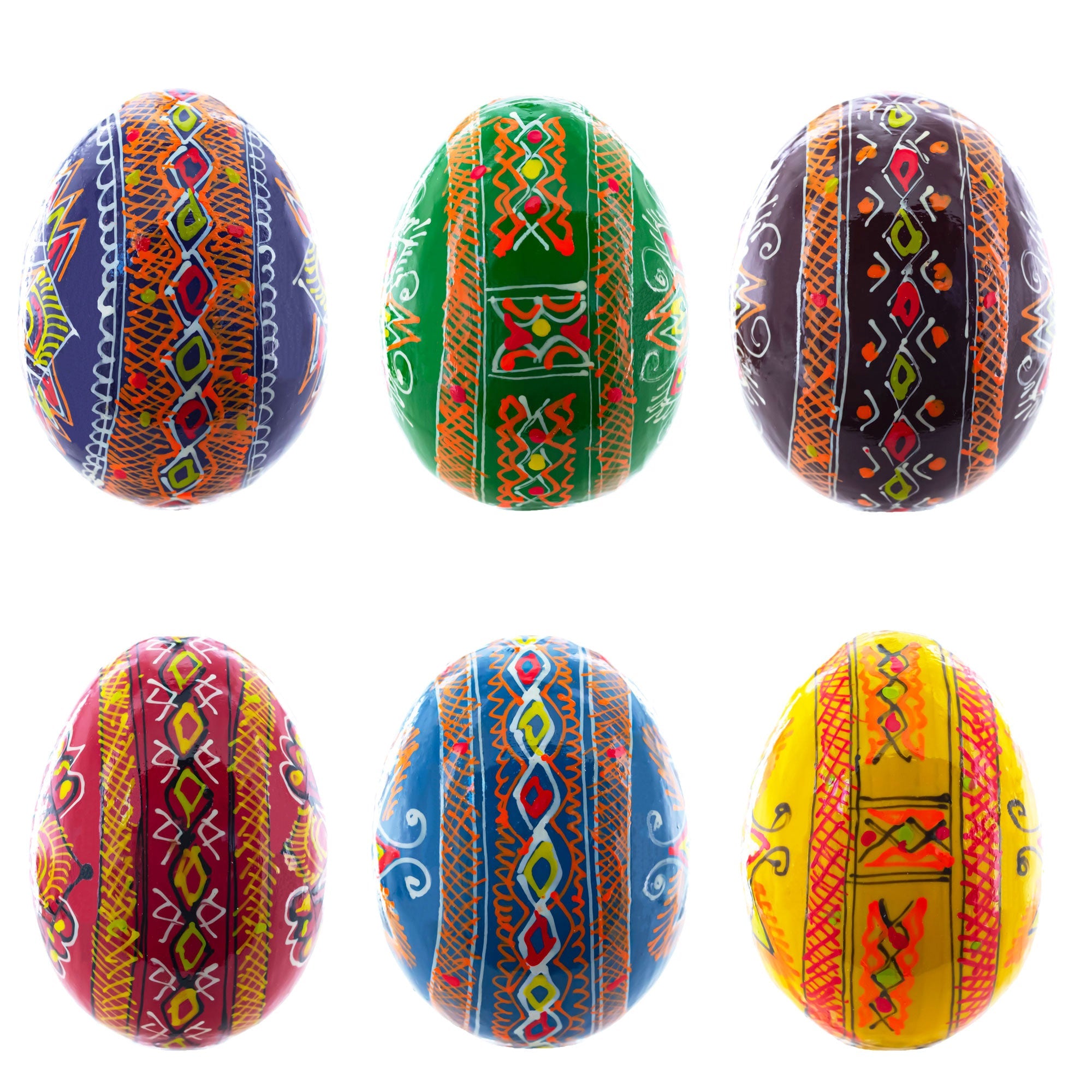 Set Of 6 Multicolor Ukrainian Pysanky Wooden Easter Eggs 2.25 Inches