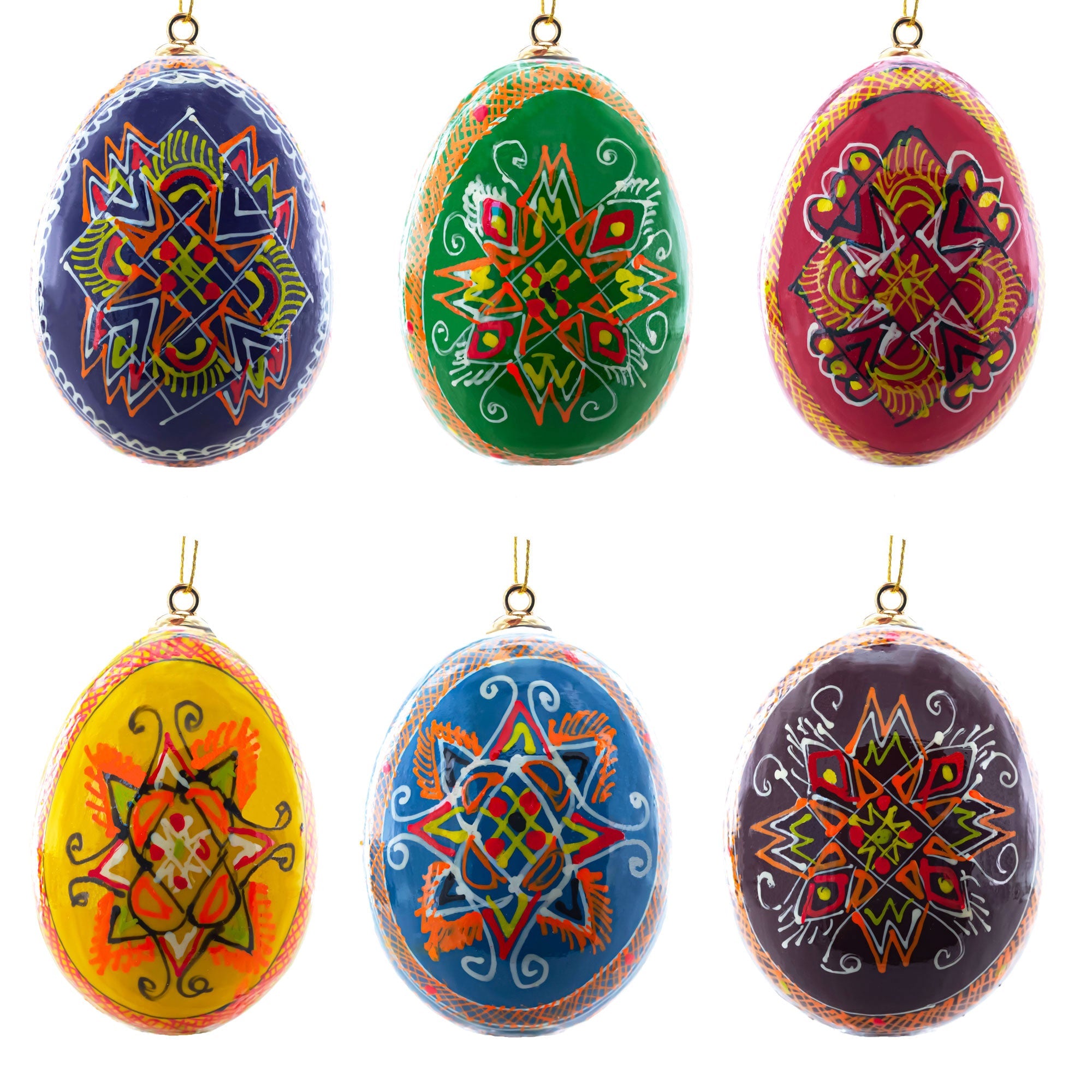 Set Of 6 Hand Painted Wooden Ukrainian Easter Egg Ornaments 2.5 Inches