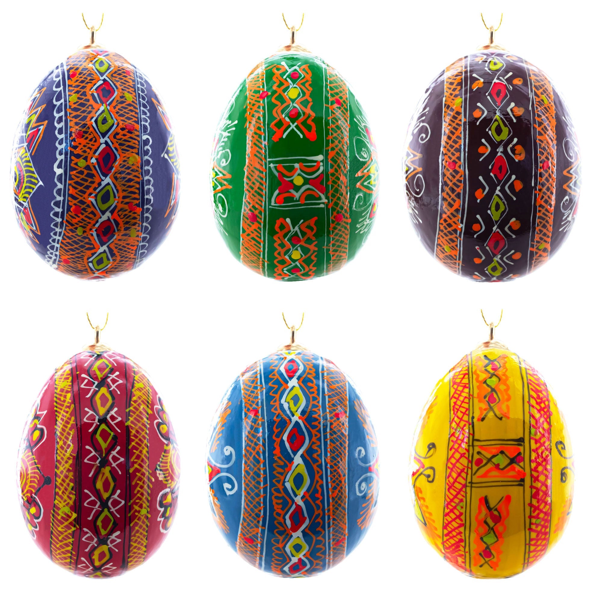 Set Of 6 Hand Painted Wooden Ukrainian Easter Egg Ornaments 2.5 Inches