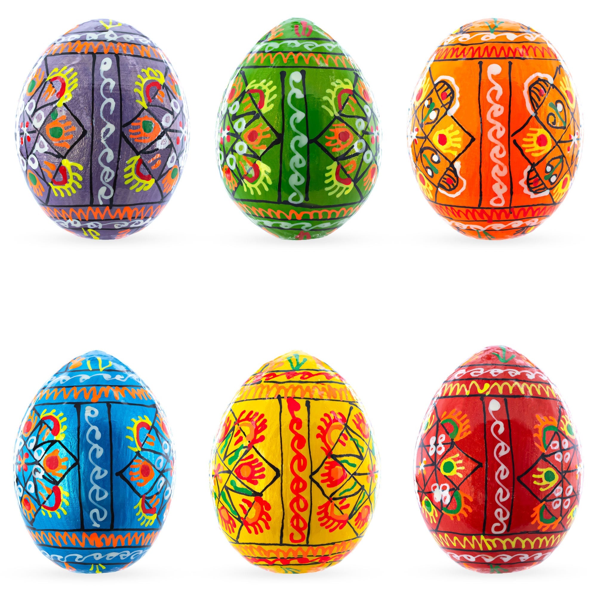 Set Of 6 Pearlized Ukrainian Pysanky Wooden Easter Eggs 2.25 Inches