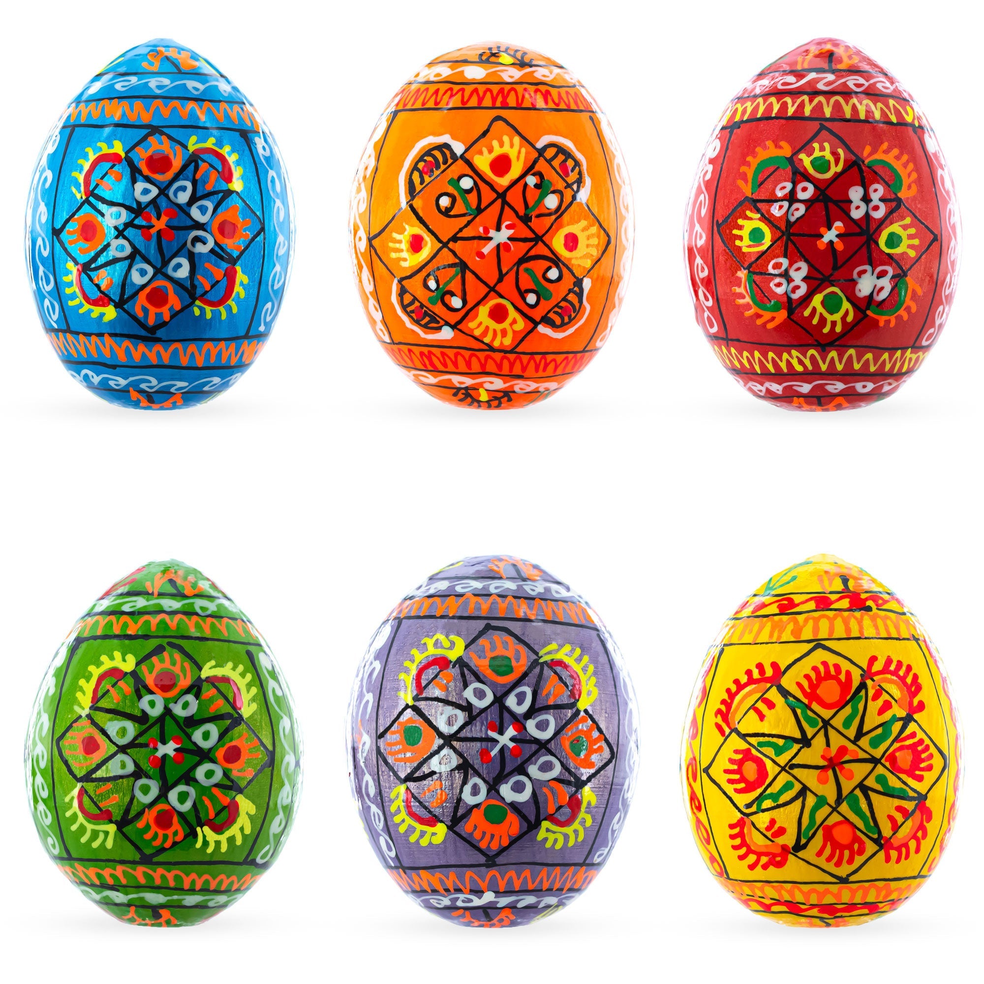 Set Of 6 Pearlized Ukrainian Pysanky Wooden Easter Eggs 2.25 Inches