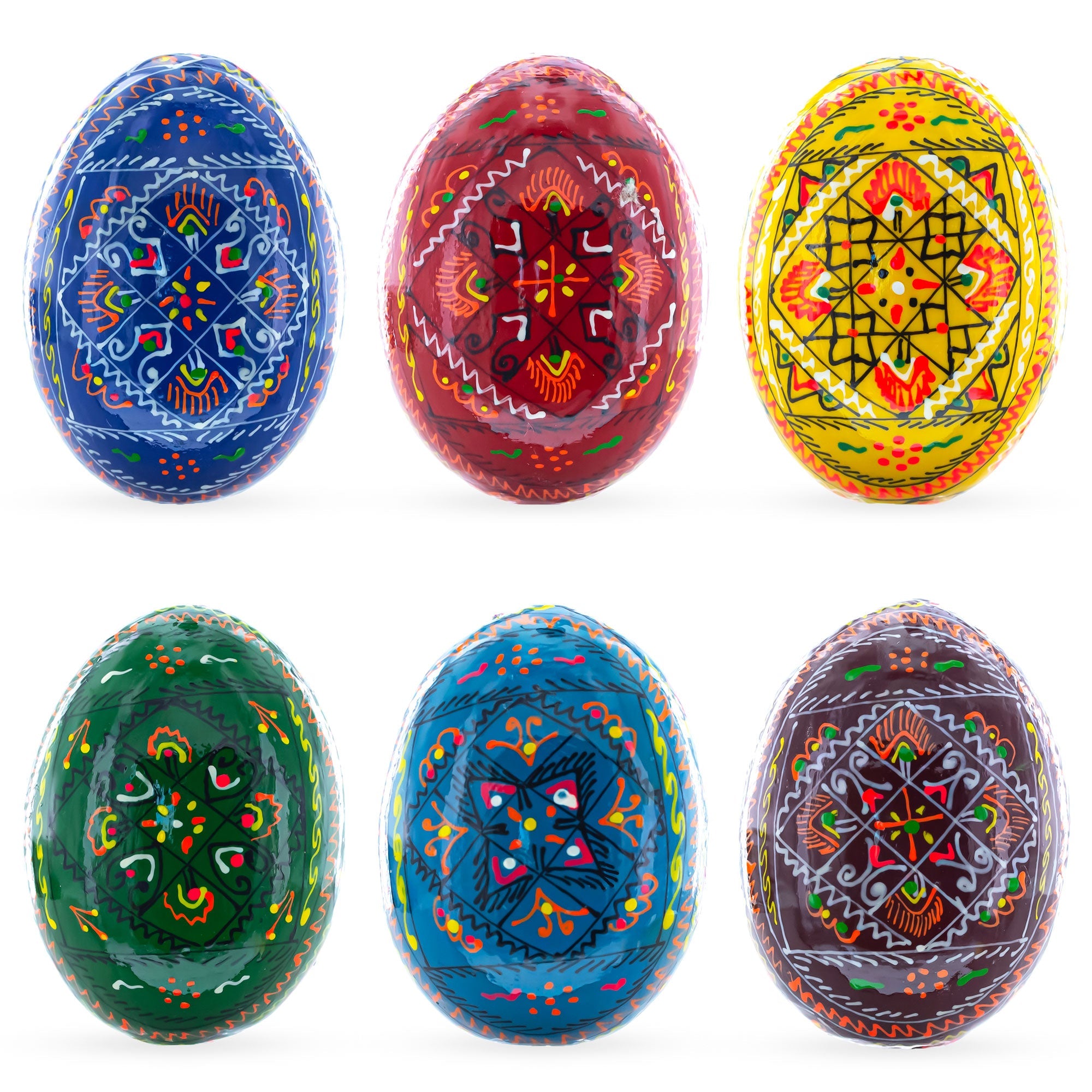 Set Of 6 Traditional Ukrainian Pysanky Wooden Easter Eggs 2.25 Inches