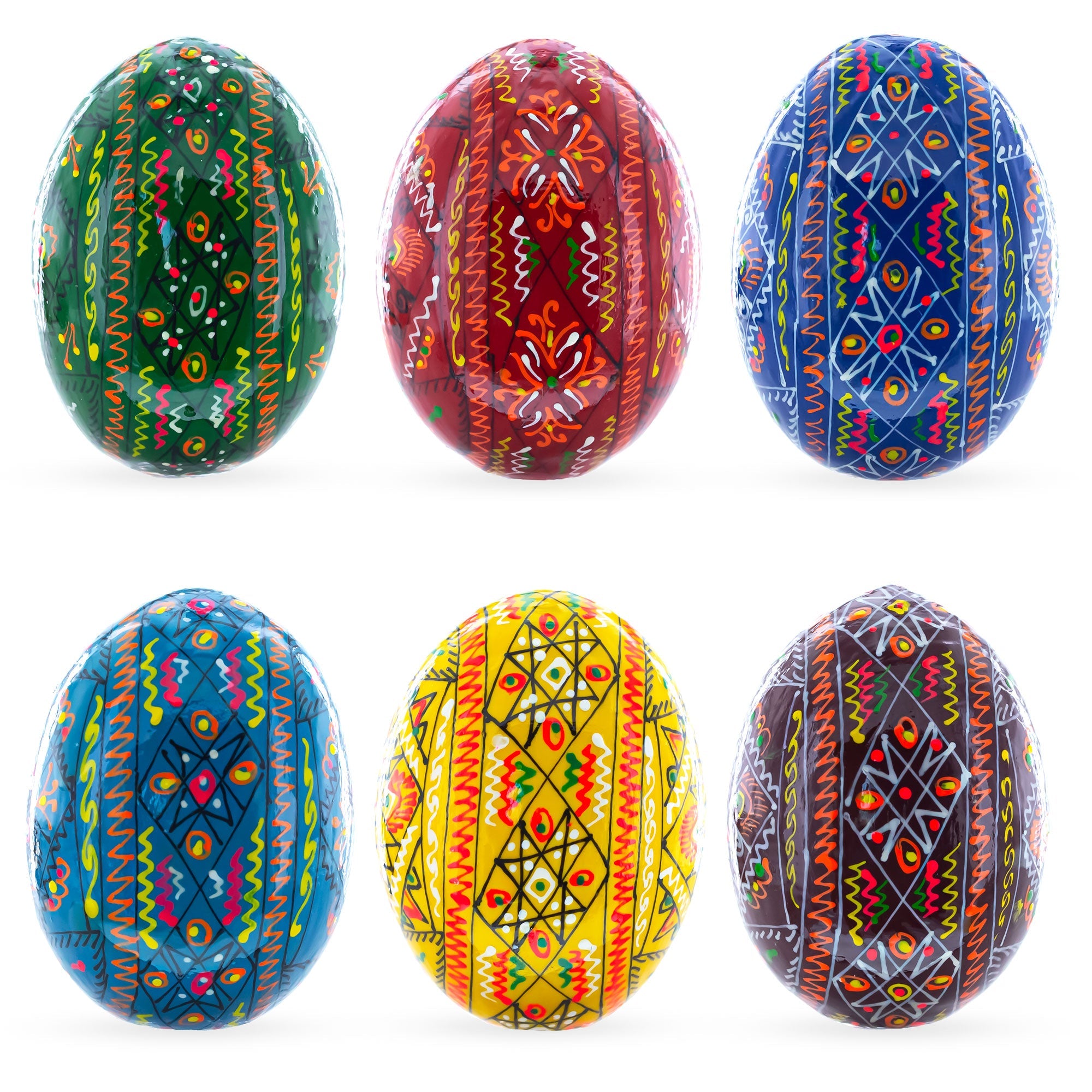 Set Of 6 Traditional Ukrainian Pysanky Wooden Easter Eggs 2.25 Inches