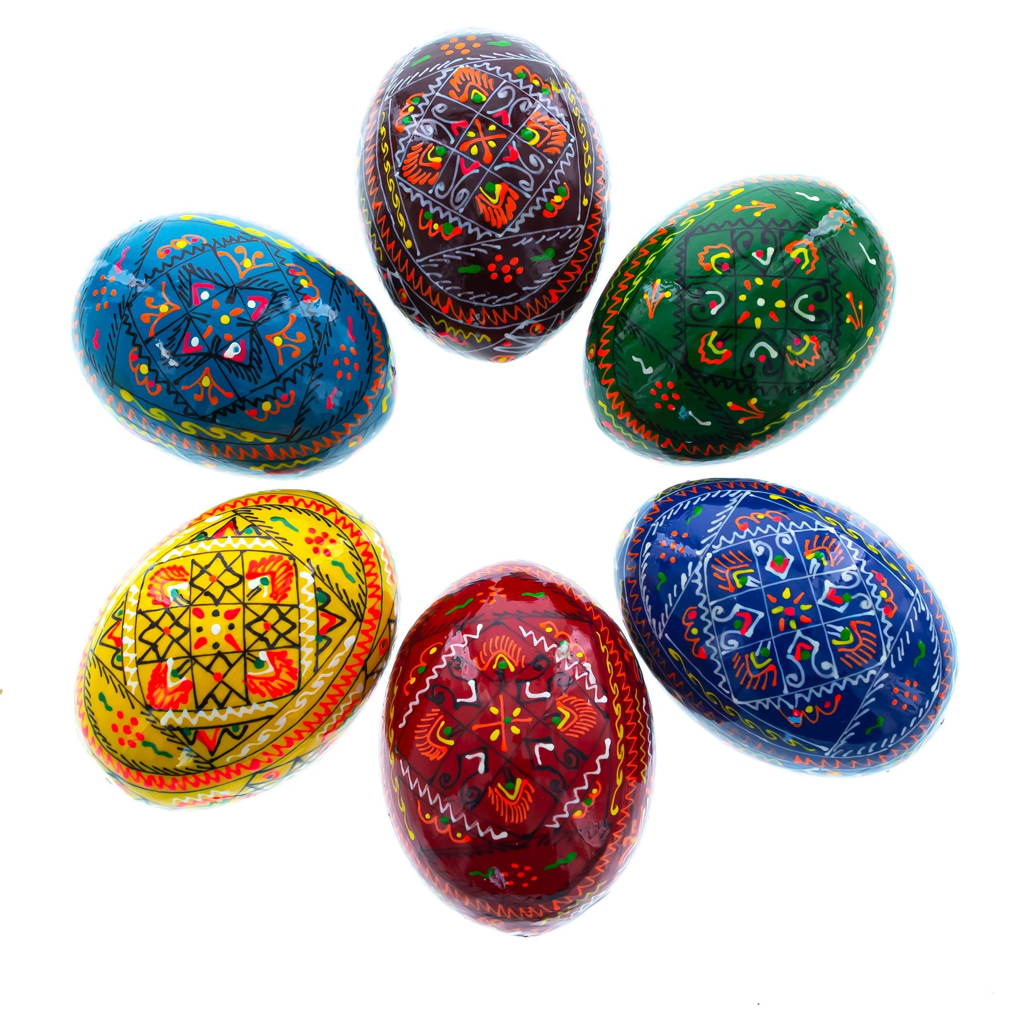 Set Of 6 Traditional Ukrainian Pysanky Wooden Easter Eggs 2.25 Inches