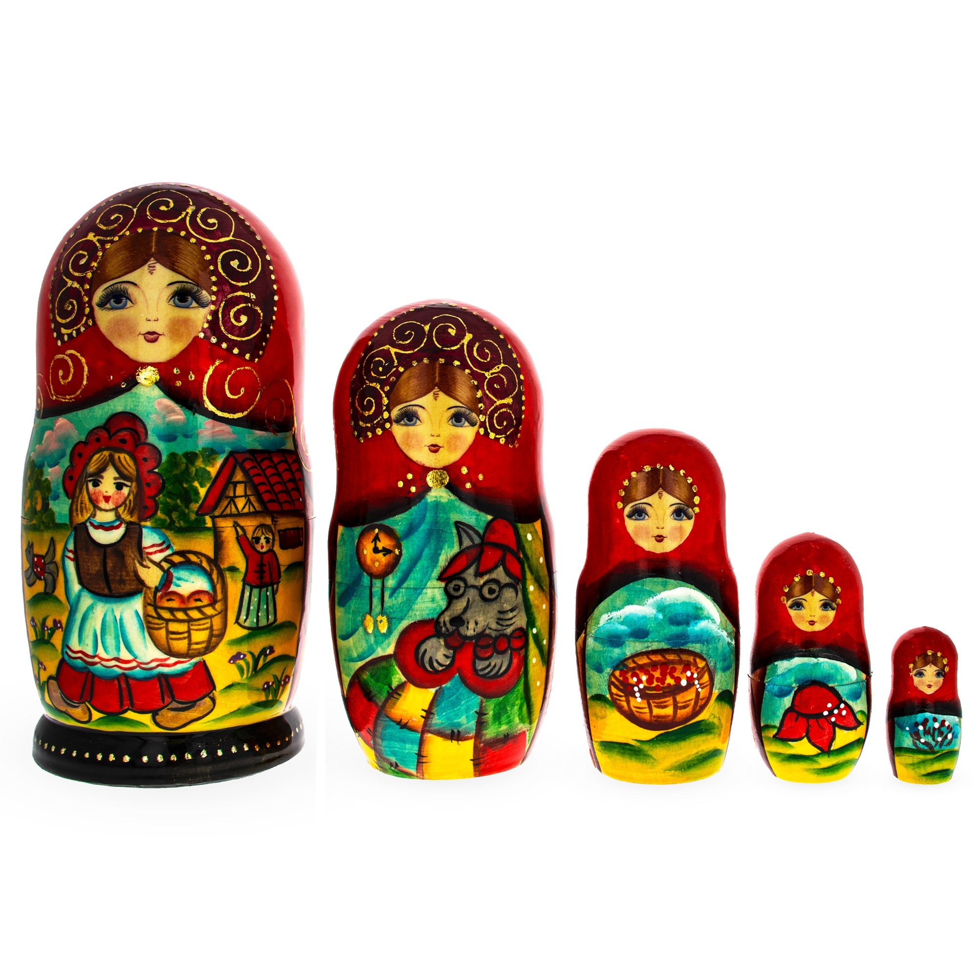 Set Of 5 Little Red Riding Hood Wooden  Nesting Dolls 7 Inches