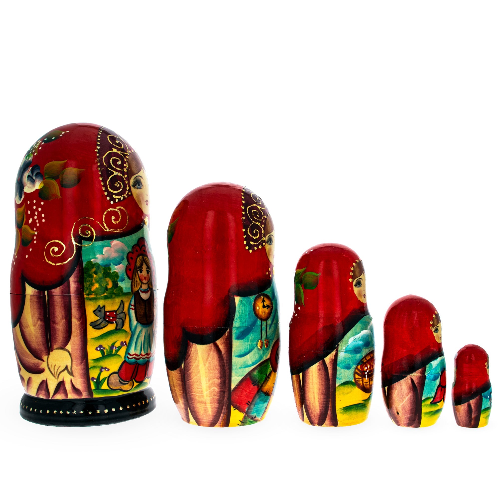 Set Of 5 Little Red Riding Hood Wooden  Nesting Dolls 7 Inches