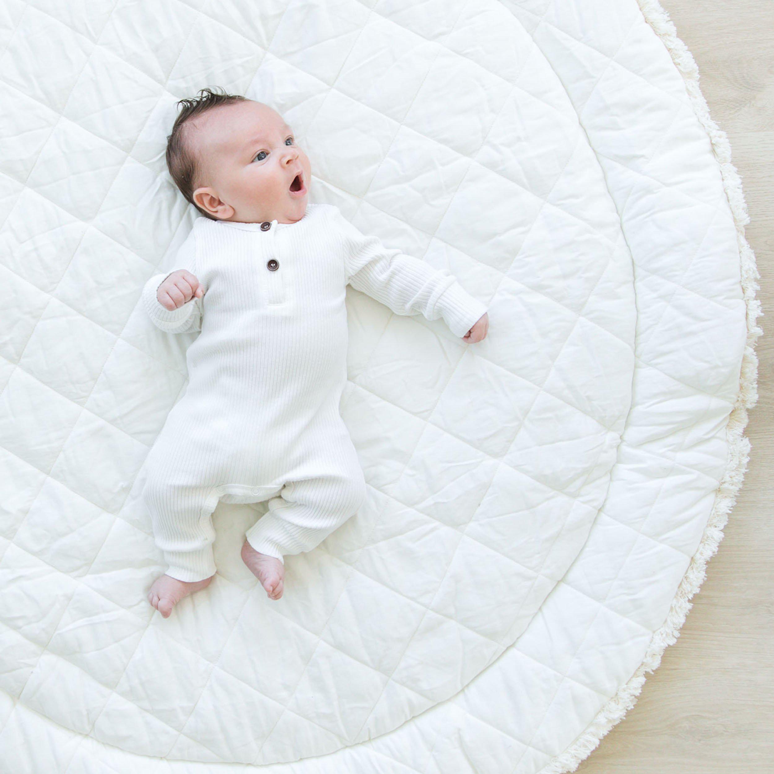 Organic Cotton Quilted Round Play Mat - Cobi Blue Stripes And Ivory