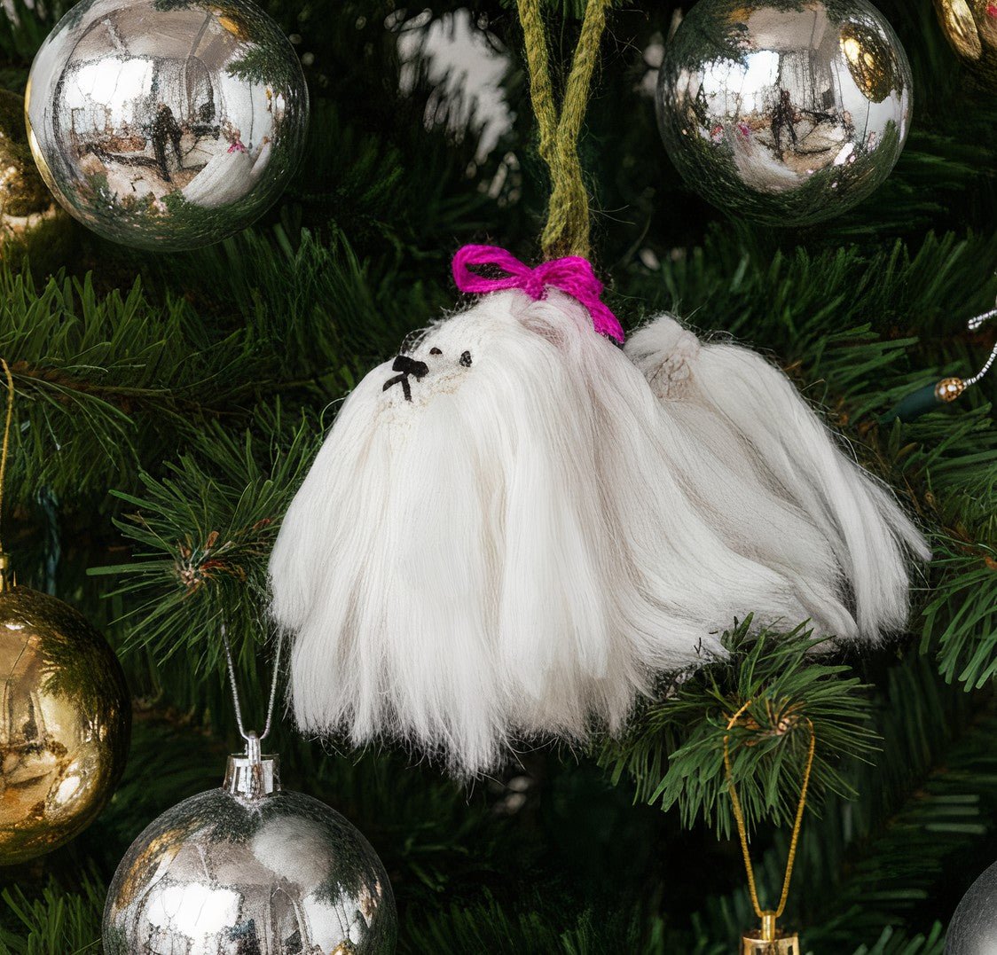Hand Knit Alpaca Wool Christmas Ornament - Maltese Dog