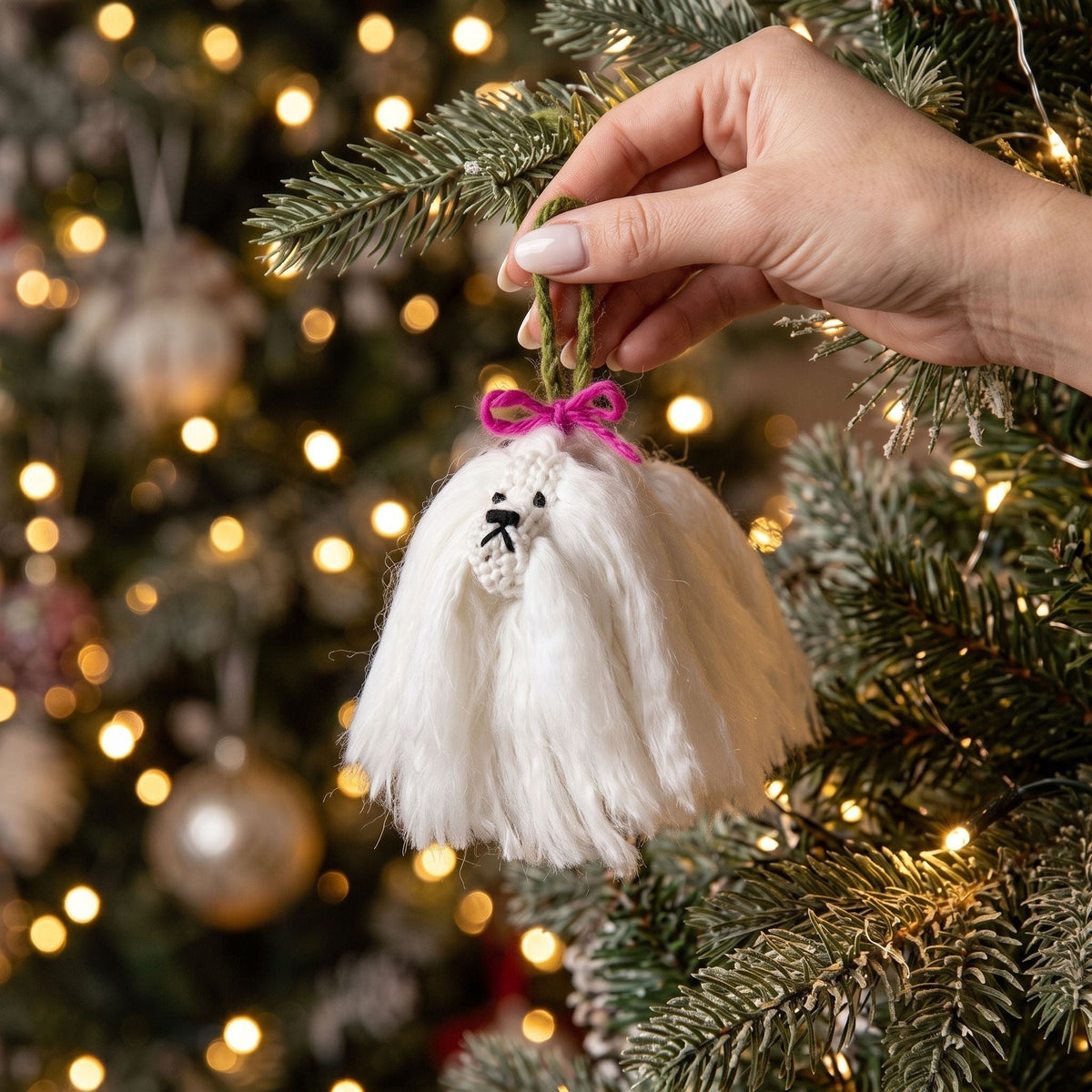 Hand Knit Alpaca Wool Christmas Ornament - Maltese Dog