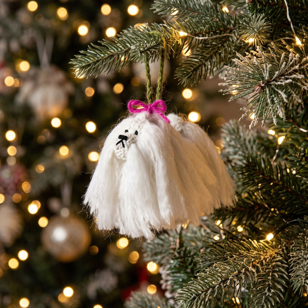 Hand Knit Alpaca Wool Christmas Ornament - Maltese Dog