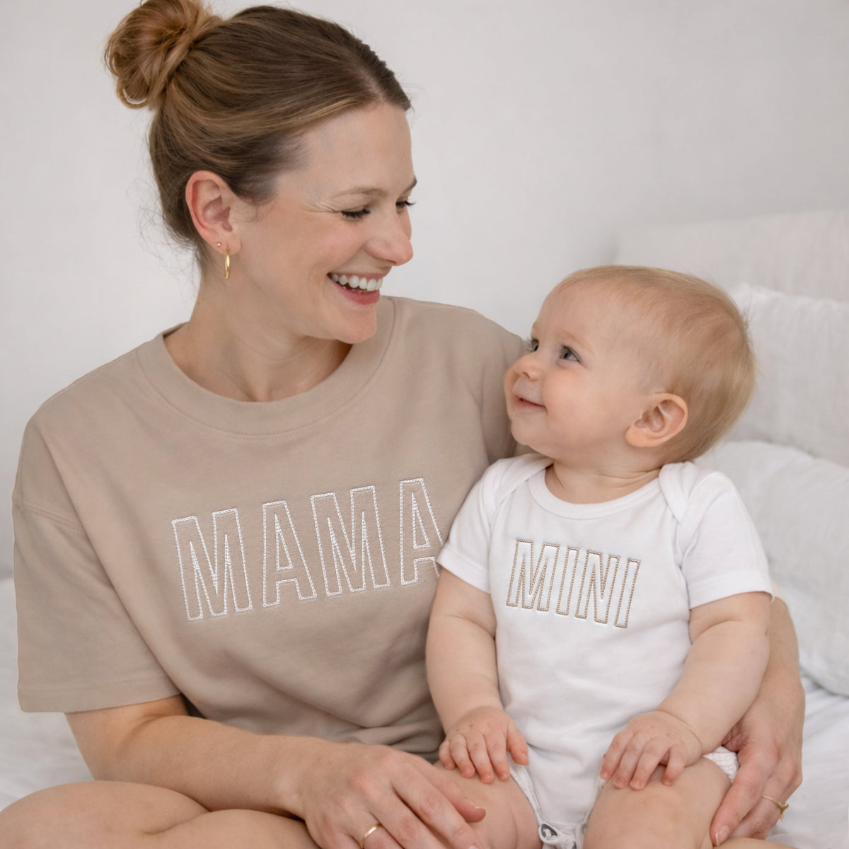 Embroidered Mama And Mini Matching Shirt Set In Neutral Beige