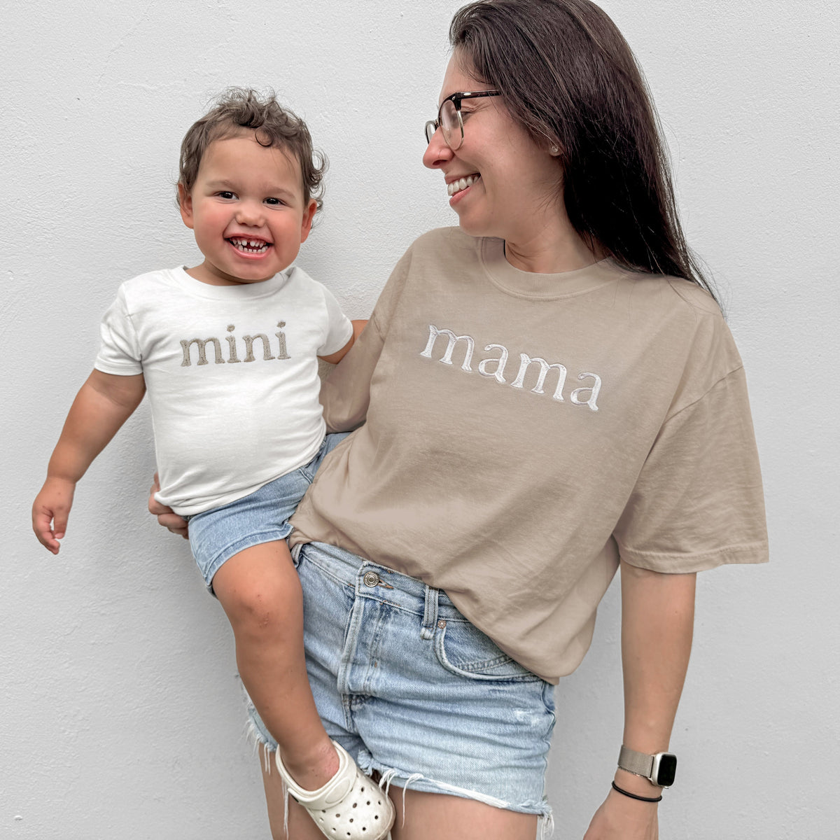 Embroidered Mama And Mini Matching Shirt Set In Neutral Beige