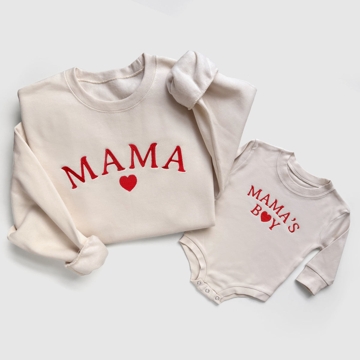 Mama & Mama’s Boy Matching Sweatshirts And Baby Outfits With Hearts