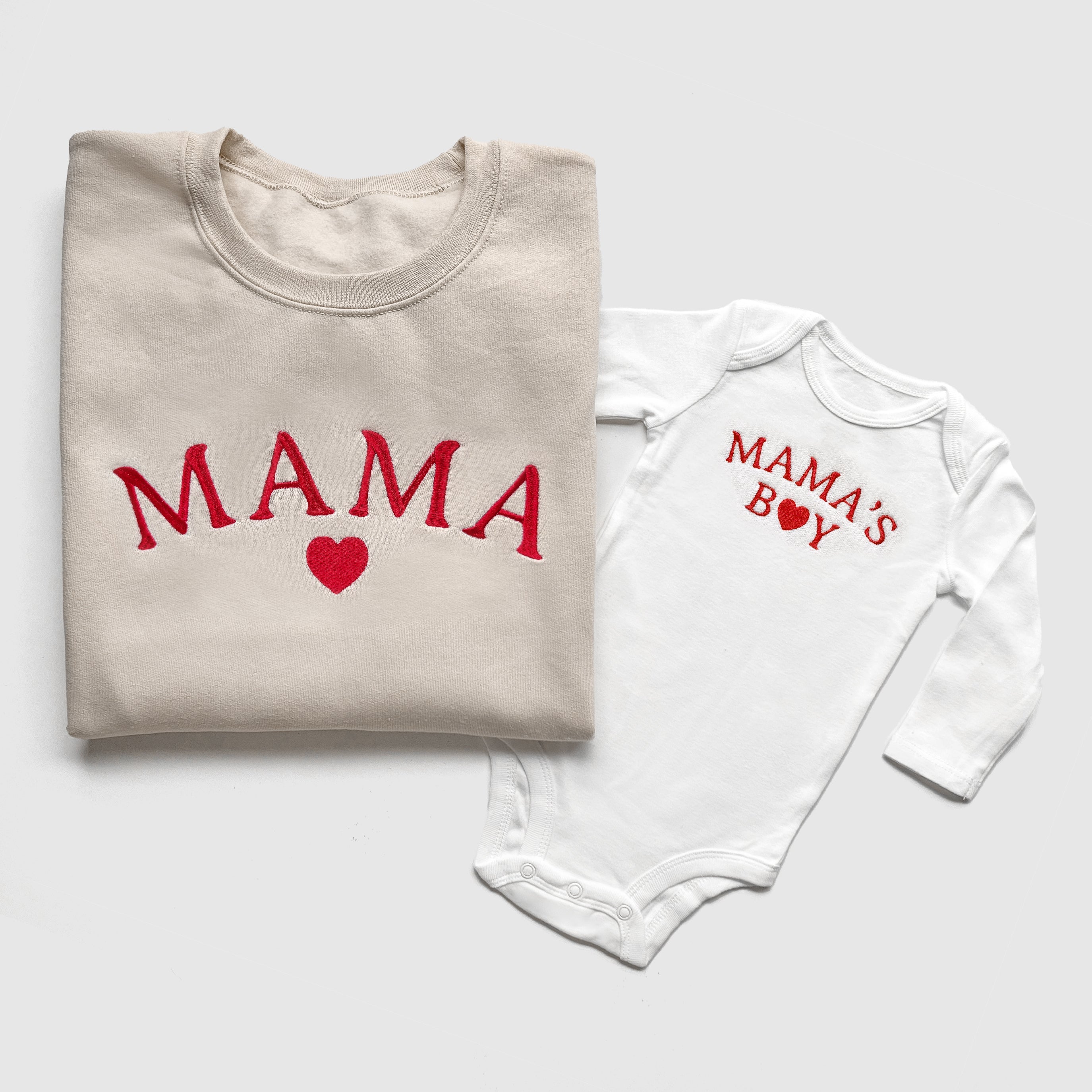 Mama & Mama’s Boy Matching Sweatshirts And Baby Outfits With Hearts