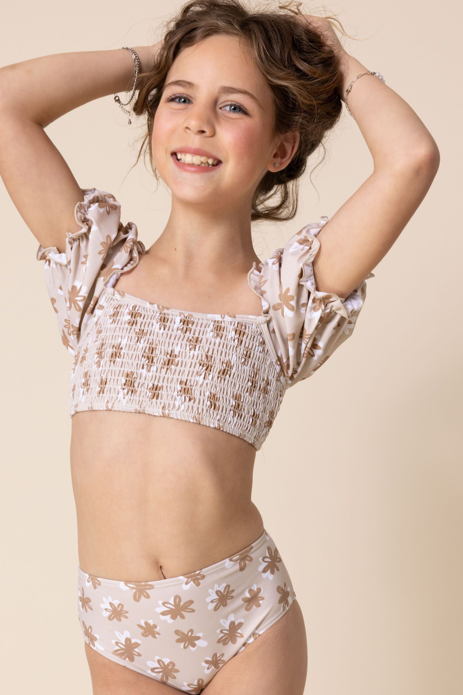 Girl's Sleeved Bikini | Brown/white Floral