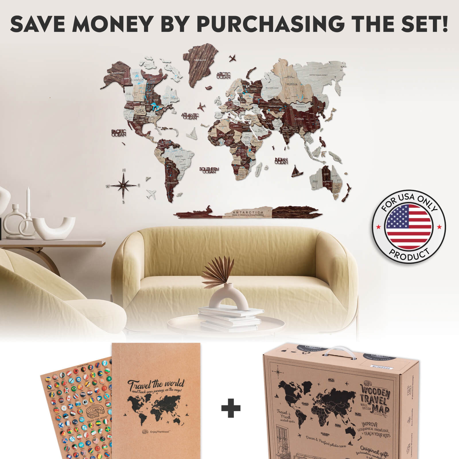 Travel Wall Decor Set: 3d Wooden Colored Map With Flag Pins