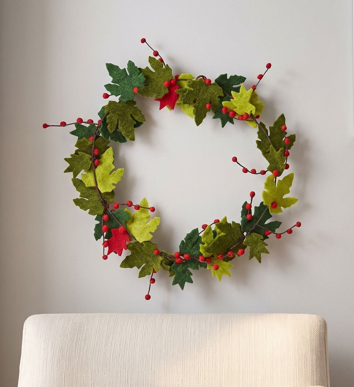 Maple Leaf Wreath With Berries In Hand Felted Wool - 12"