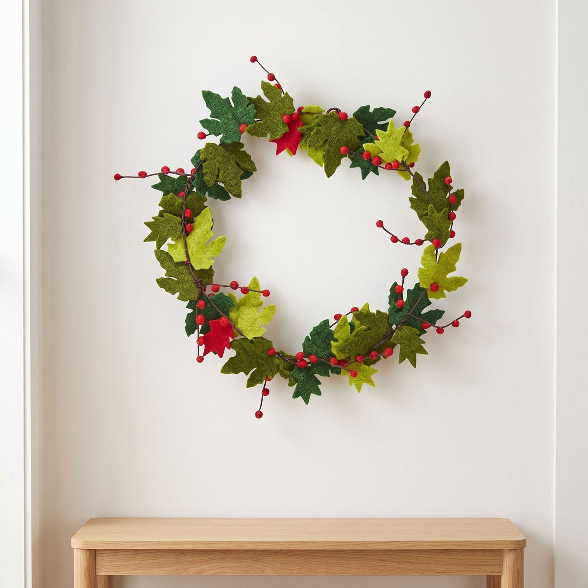 Maple Leaf Wreath With Berries In Hand Felted Wool - 12"