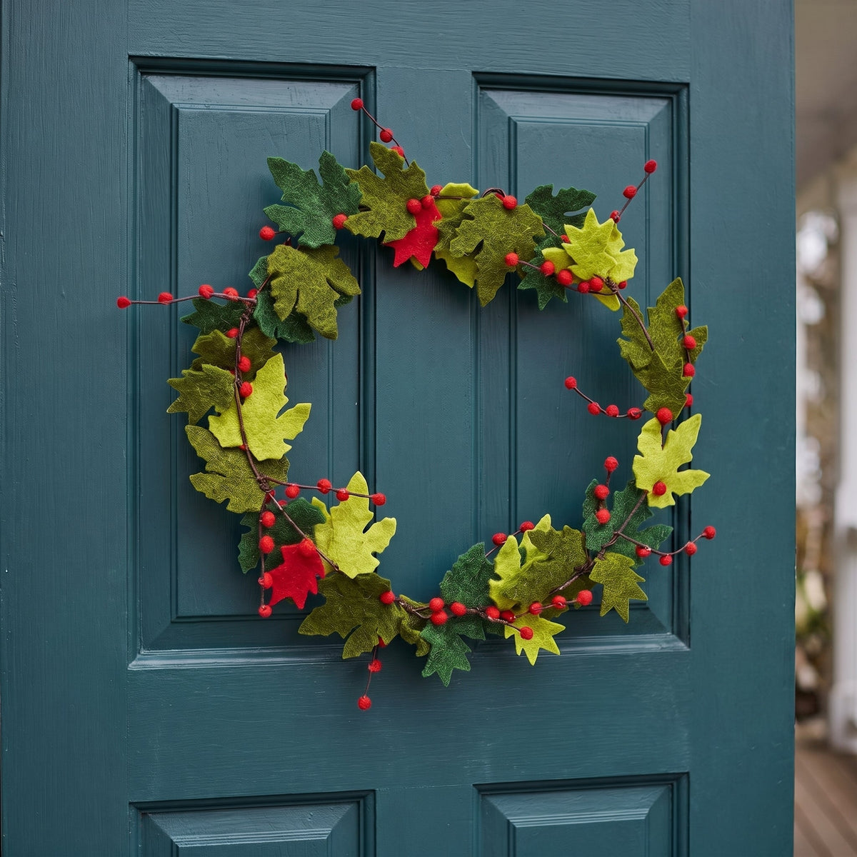 Maple Leaf Wreath With Berries In Hand Felted Wool - 12"