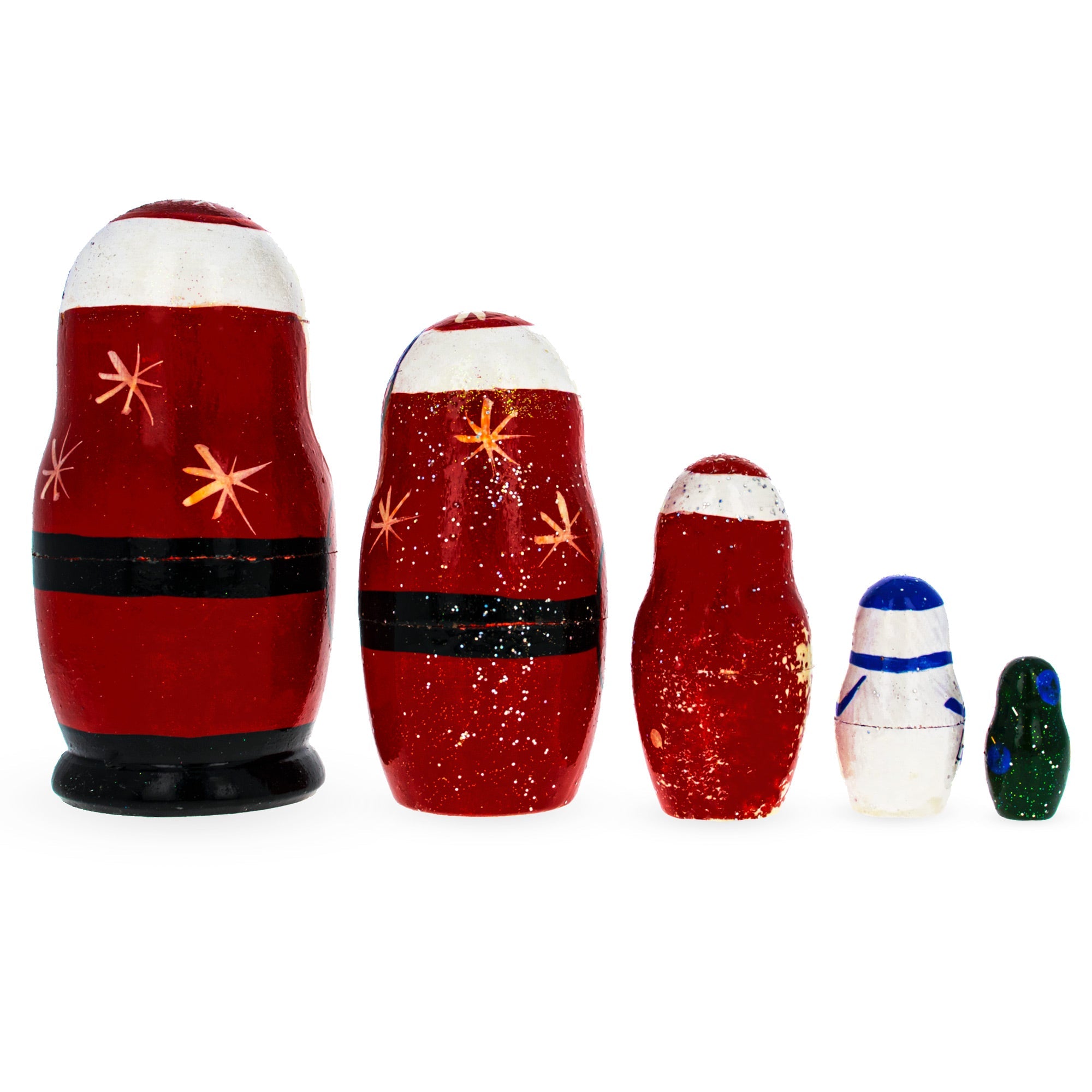 Set Of 5 Santa, Snowman And Christmas Tree Wooden Nesting Dolls