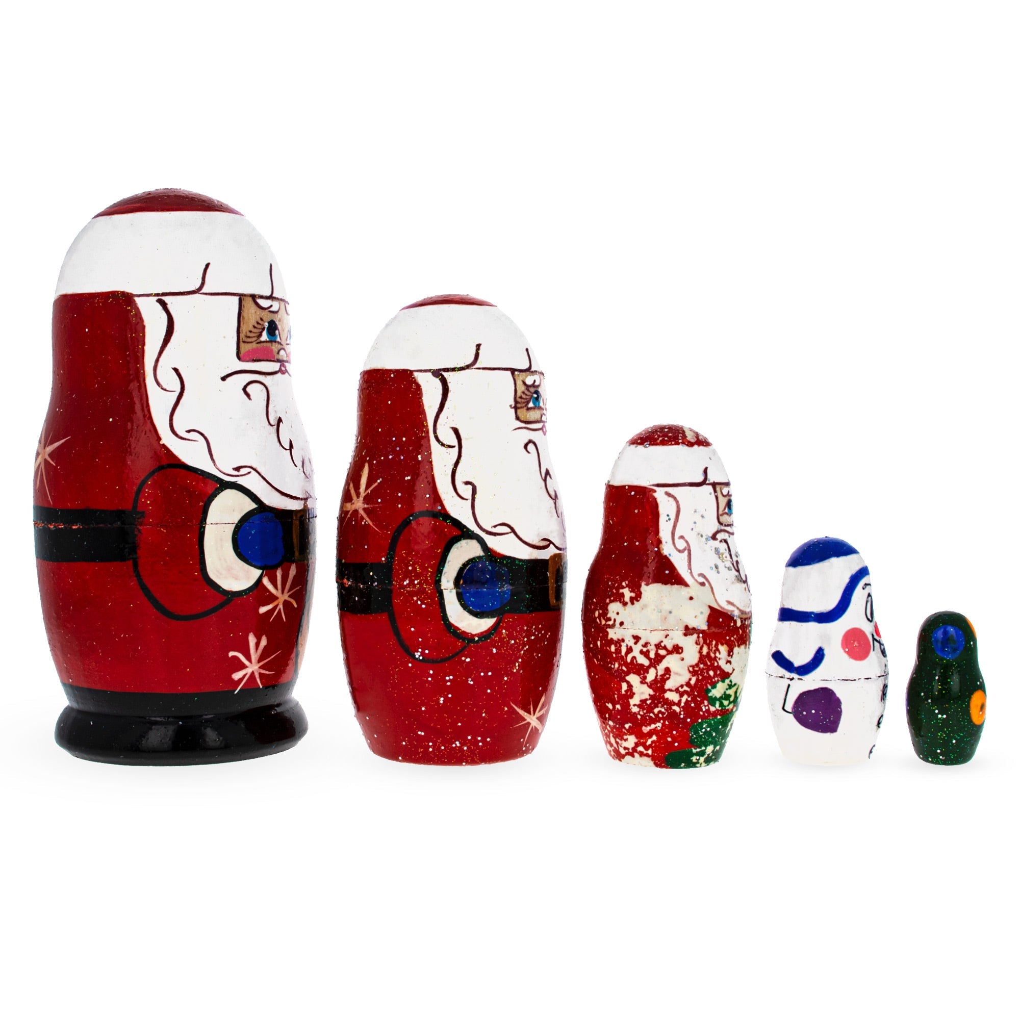 Set Of 5 Santa, Snowman And Christmas Tree Wooden Nesting Dolls