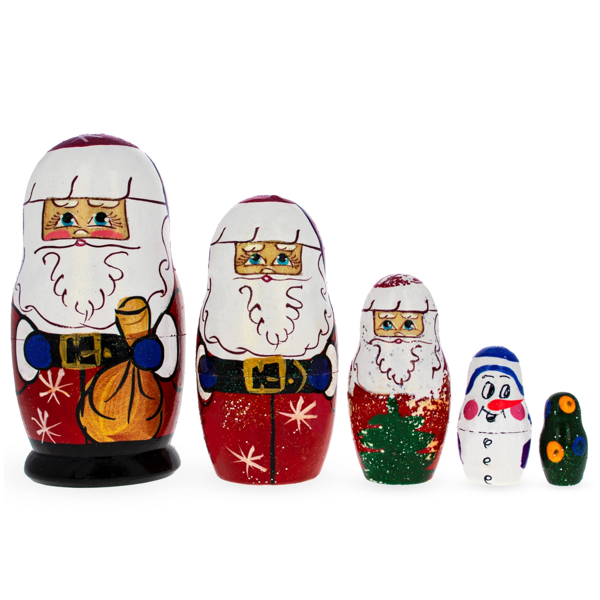 Set Of 5 Santa, Snowman And Christmas Tree Wooden Nesting Dolls