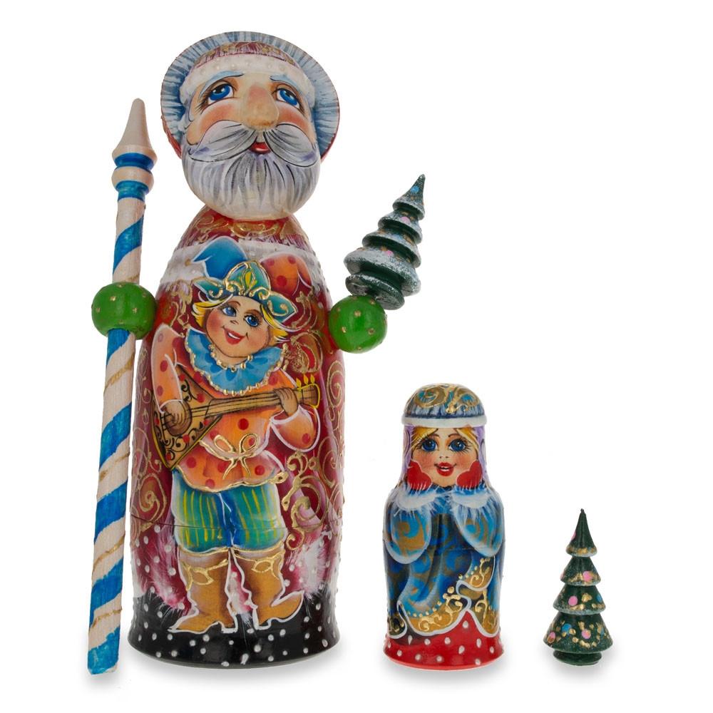 Hand Carved Solid Wood Santa Did Moroz Nesting Dolls 9.5 Inches