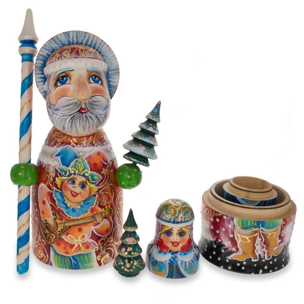 Hand Carved Solid Wood Santa Did Moroz Nesting Dolls 9.5 Inches