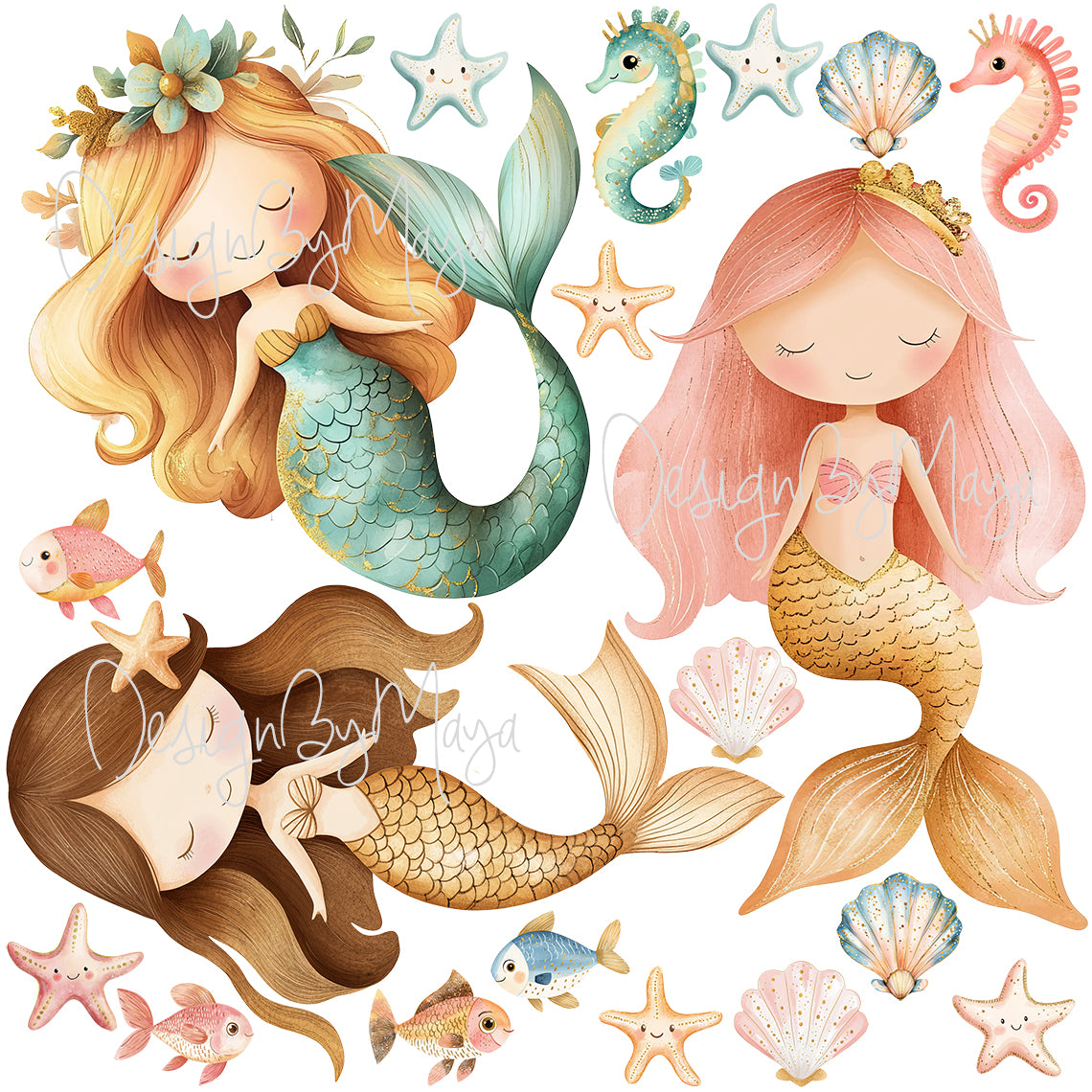 Little Mermaids And Ocean Creatures Decals - Fabric Nursery Wall Art Decals