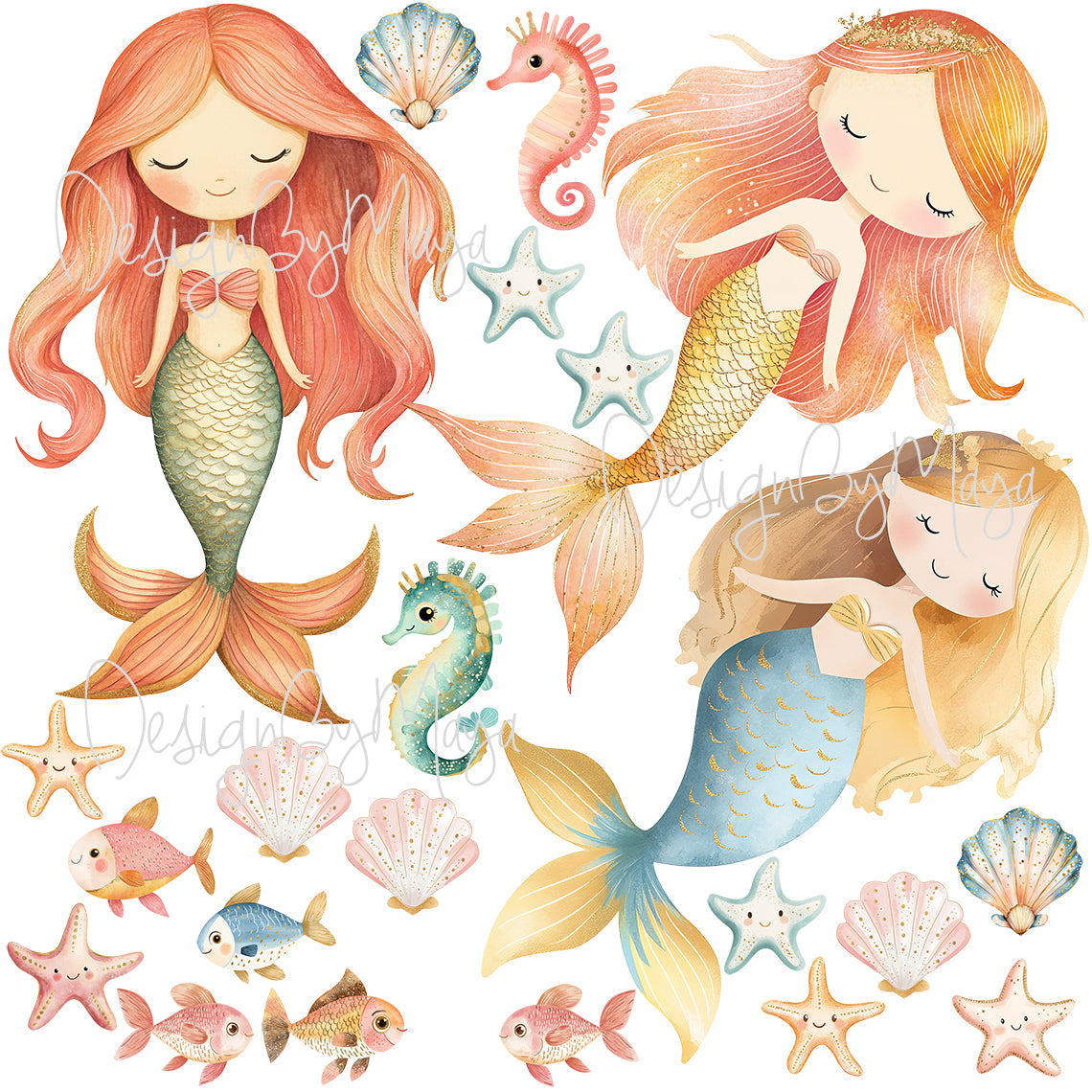 Little Mermaids And Ocean Creatures Decals - Fabric Nursery Wall Art Decals