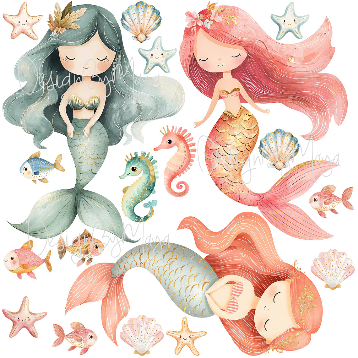Little Mermaids And Ocean Creatures Decals - Fabric Nursery Wall Art Decals