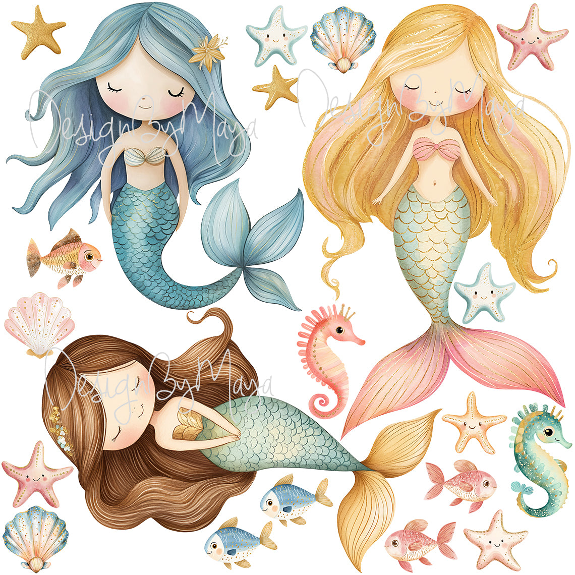 Little Mermaids And Ocean Creatures Decals - Fabric Nursery Wall Art Decals