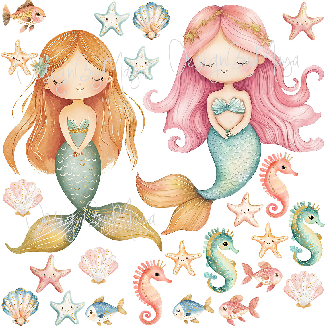 Little Mermaids And Ocean Creatures Decals - Fabric Nursery Wall Art Decals