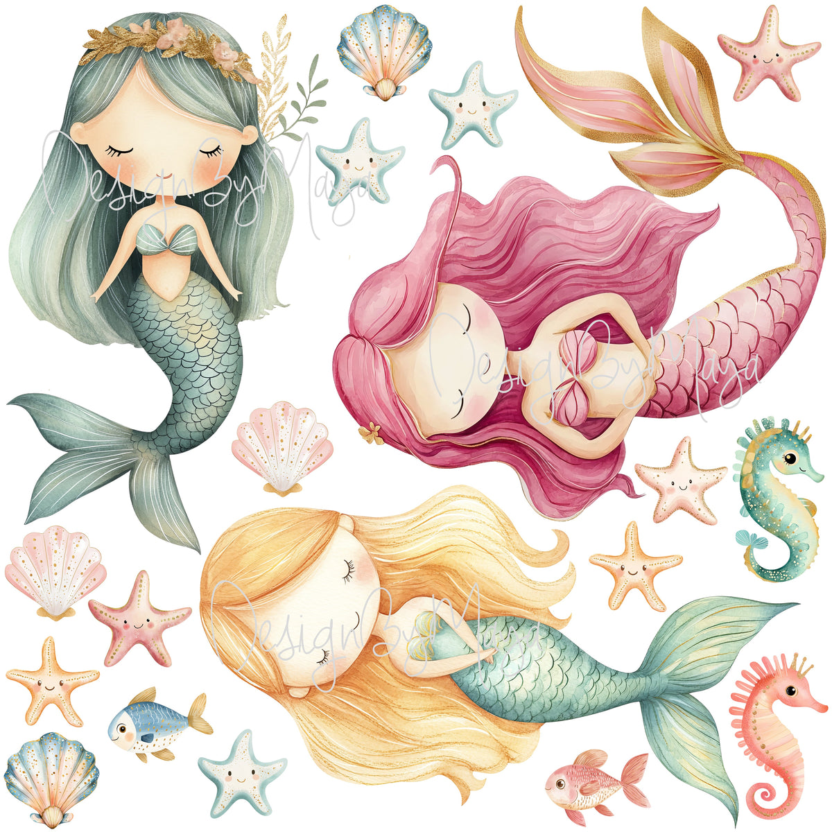 Little Mermaids And Ocean Creatures Decals - Fabric Nursery Wall Art Decals
