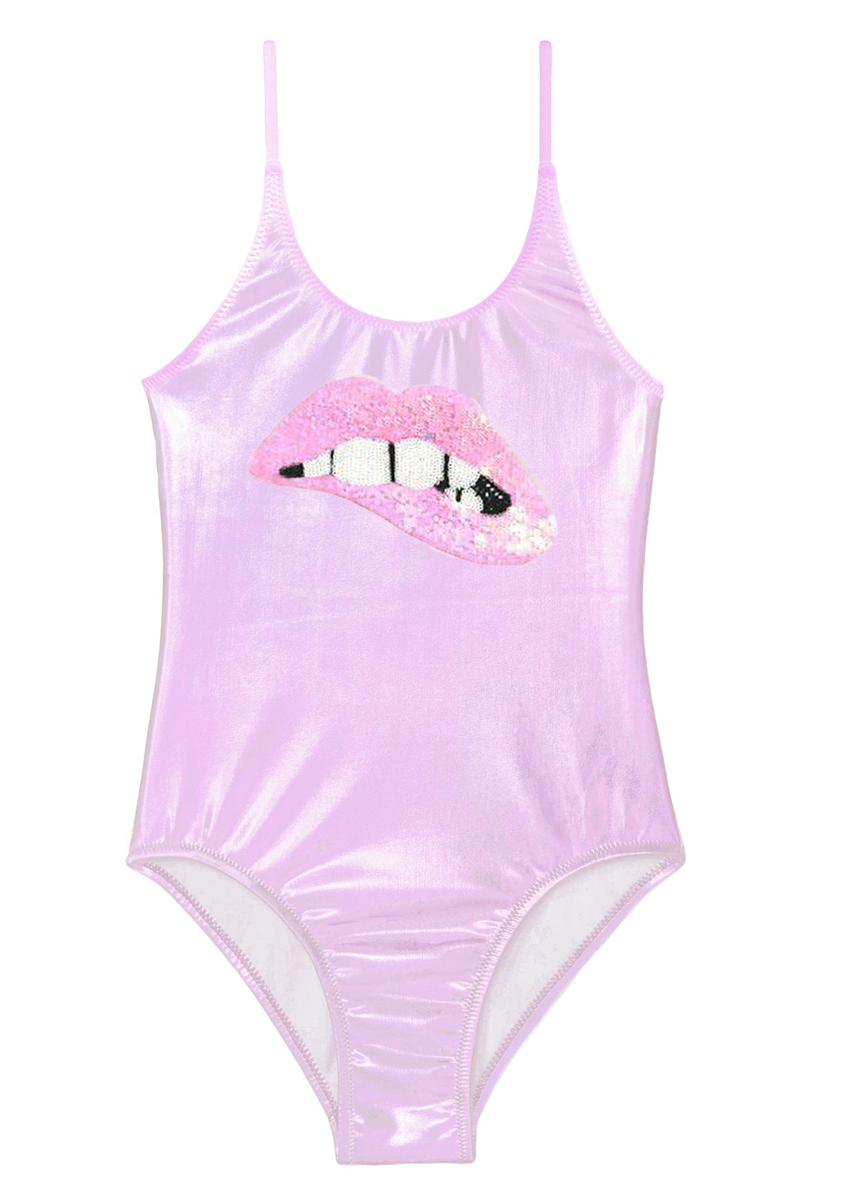Metallic Pink Swimsuit With Sequin Lip