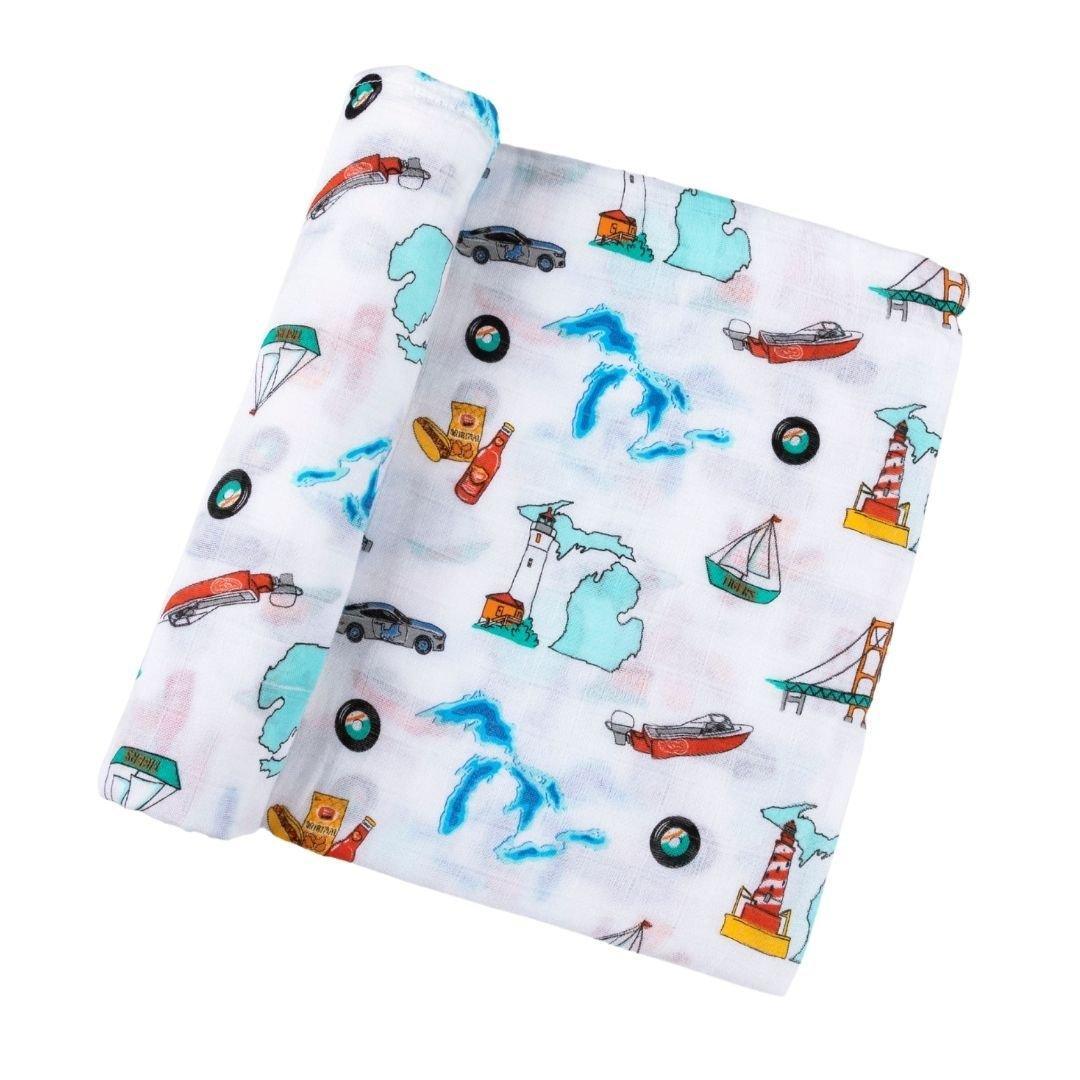 Gift Set: Michigan Baby Muslin Swaddle Blanket And Burp Cloth/bib Combo