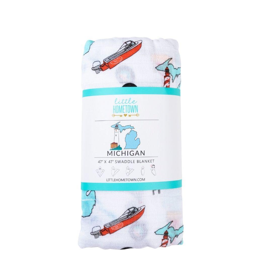 Gift Set: Michigan Baby Muslin Swaddle Blanket And Burp Cloth/bib Combo