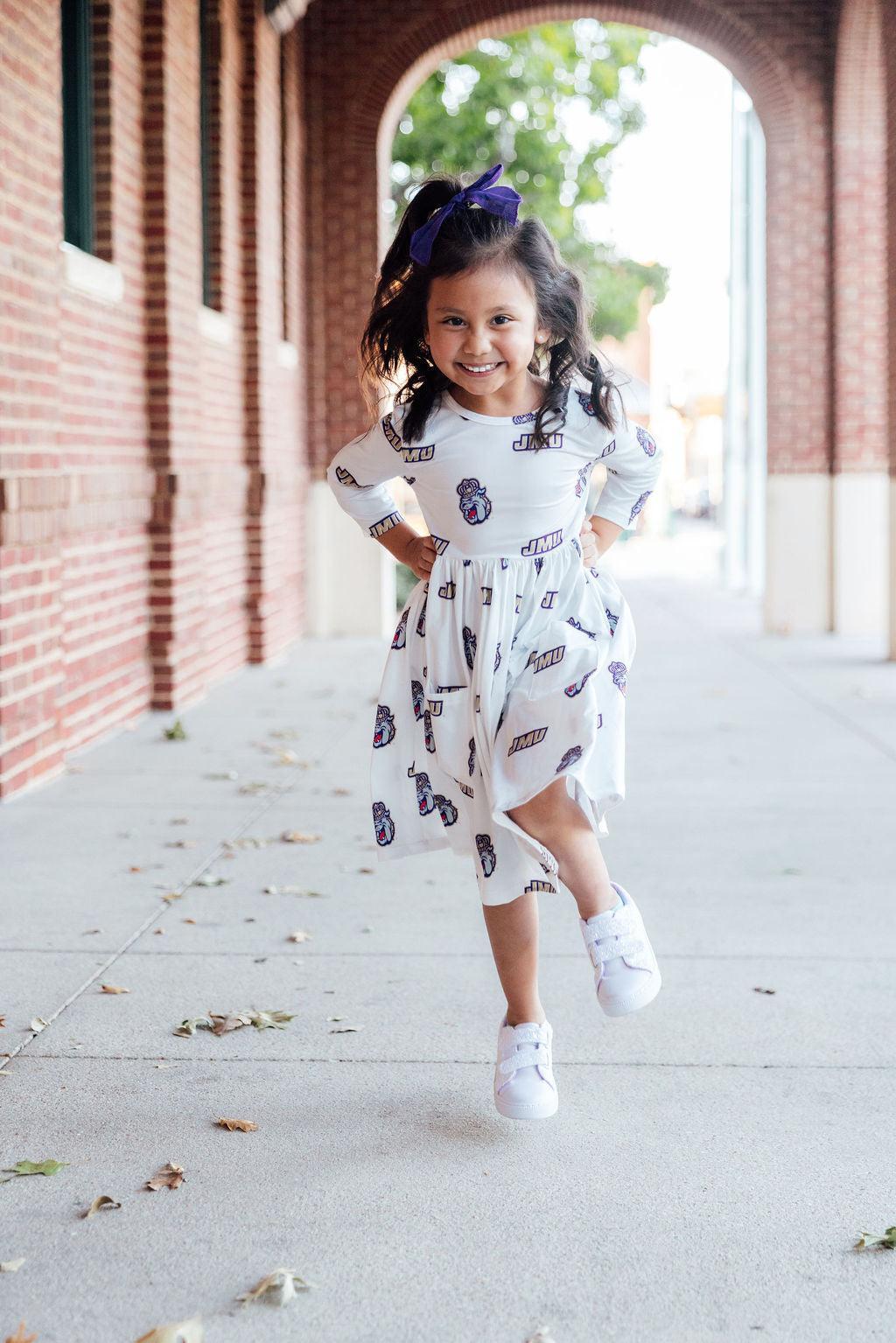 Jmu White Duke Dog 3/4 Sleeve Pocket Twirl Dress