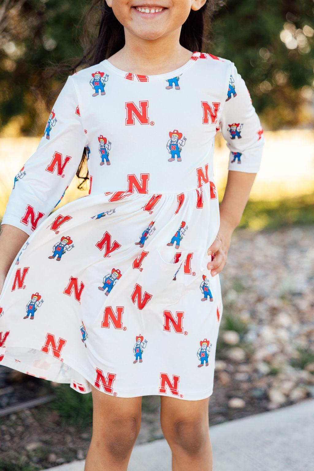 Nebraska White Herbie Husker 3/4 Sleeve Pocket Twirl Dress