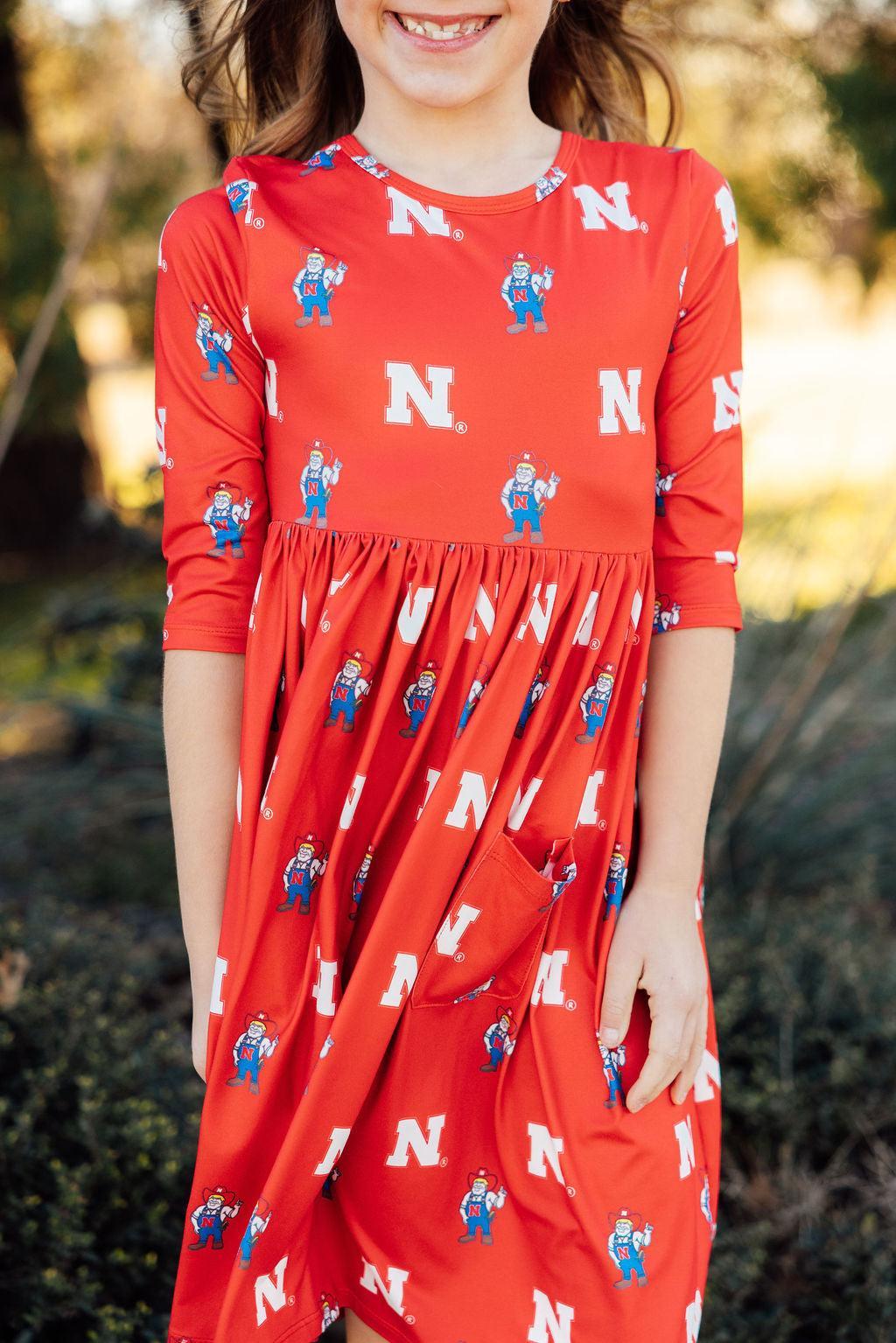 Nebraska Red Herbie Husker 3/4 Sleeve Pocket Twirl Dress