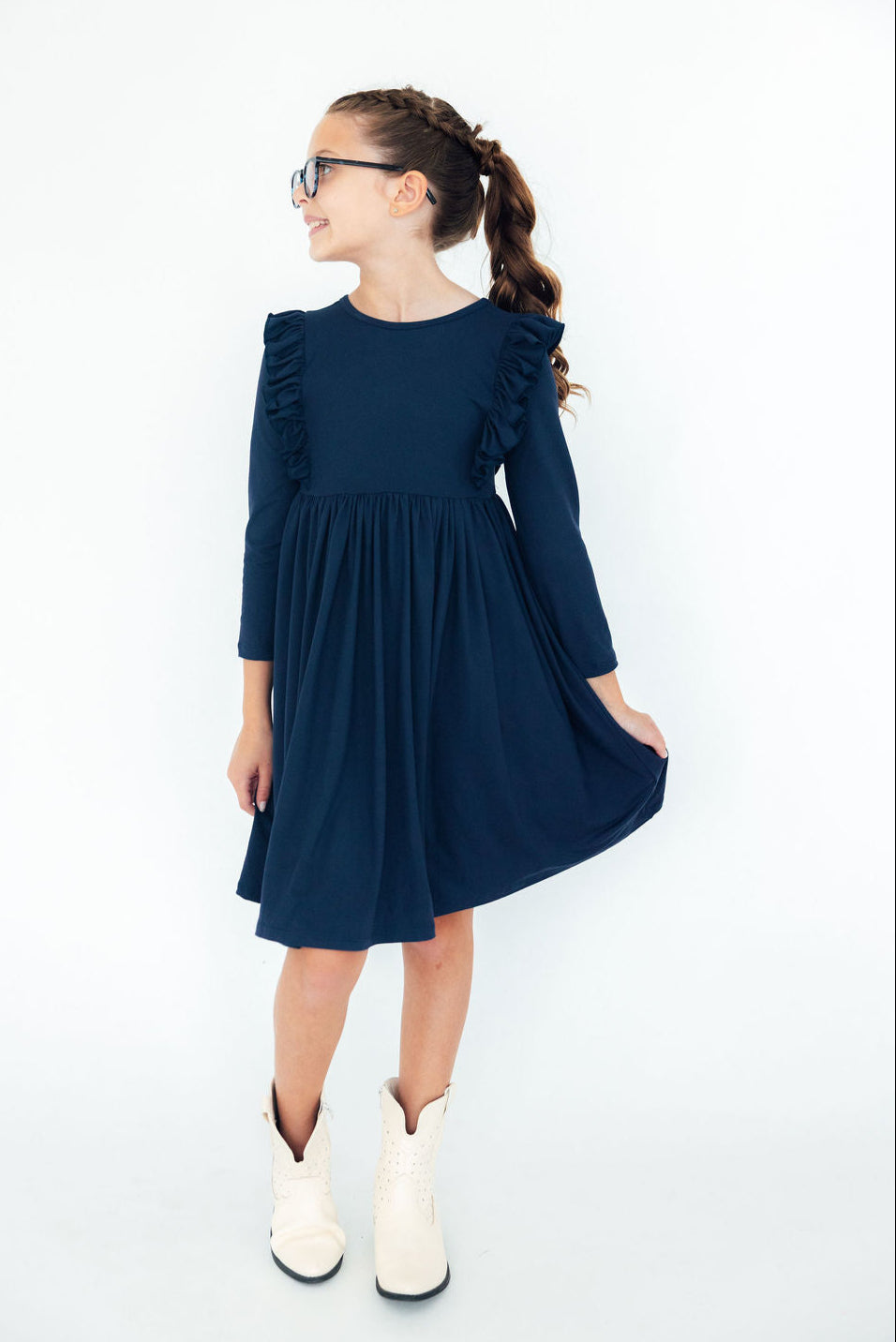 Navy L/s Ruffle Twirl Dress