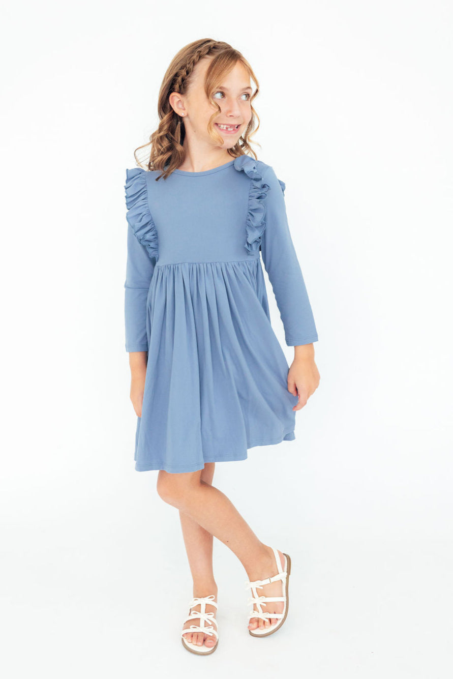 Dusty Blue L/s Ruffle Twirl Dress