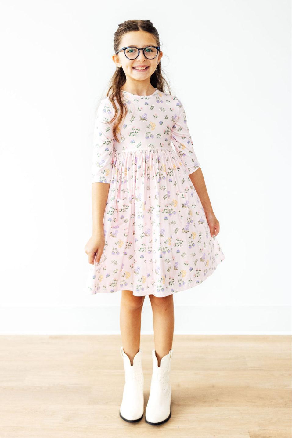 Pastel Petals 3/4 Sleeve Pocket Twirl Dress