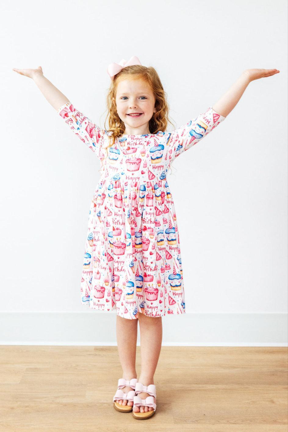 Birthday Girl 3/4 Sleeve Pocket Twirl Dress