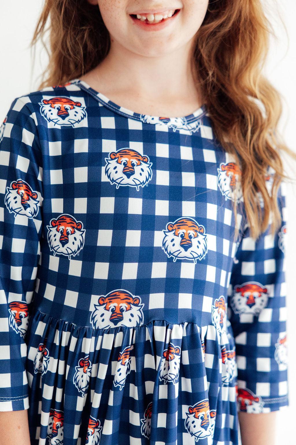 Auburn Plaid Aubie 3/4 Sleeve Pocket Twirl Dress