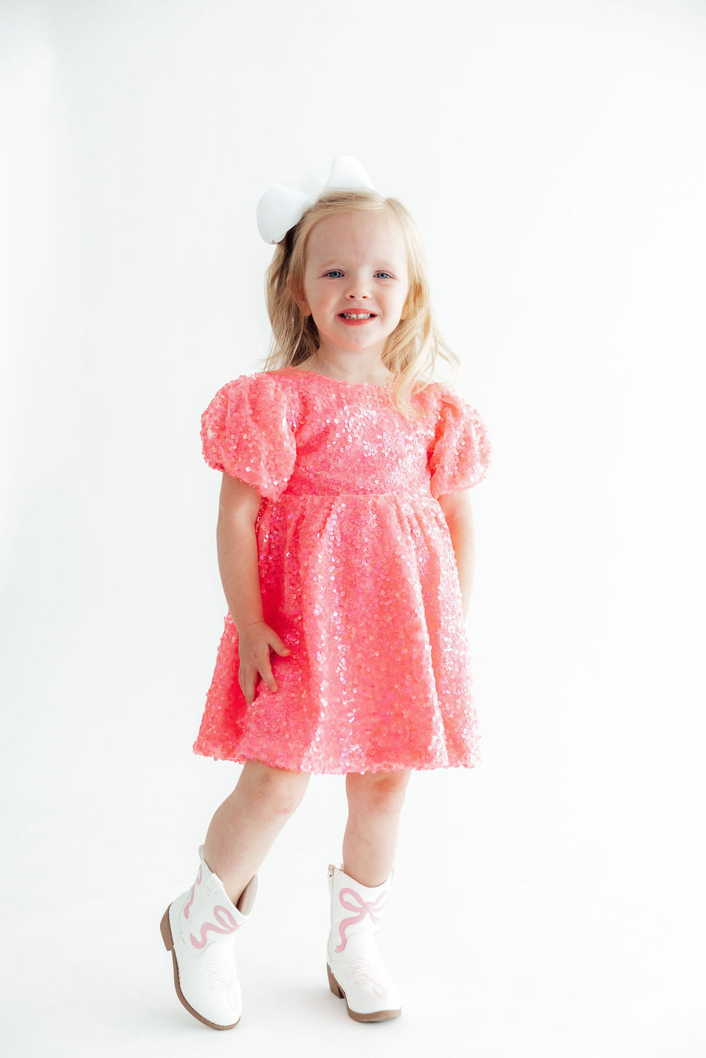 Neon Pink Puff Sleeve Sequin Dress