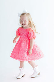 Neon Pink Puff Sleeve Sequin Dress